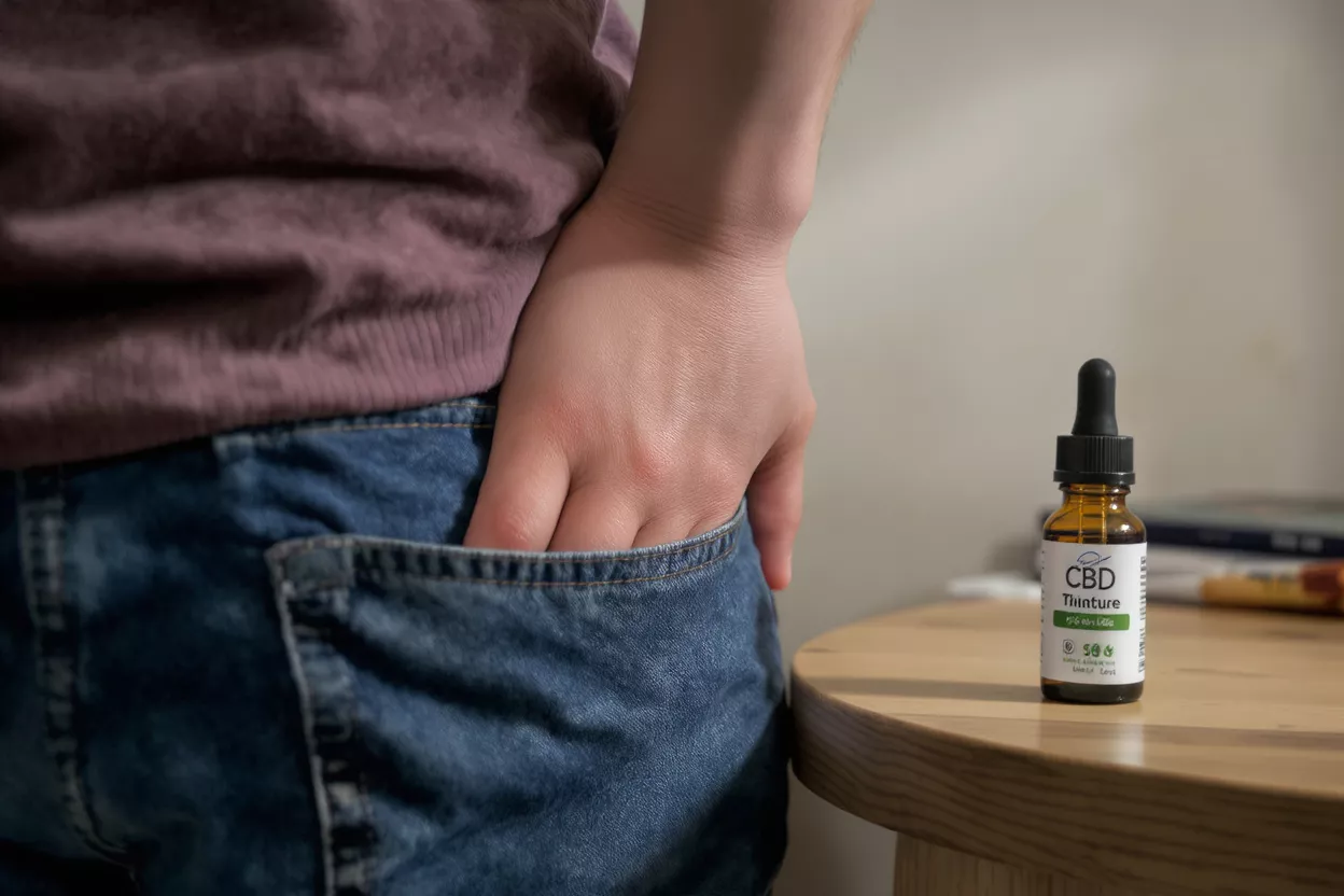 A person's hand in a jeans pocket next to a CBD tincture bottle.