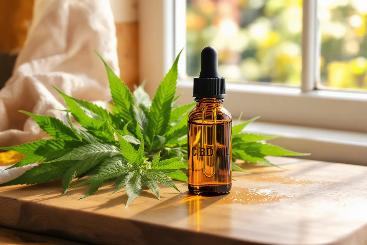 Amber CBD oil bottle with dropper and fresh green hemp leaves on a wooden surface.
