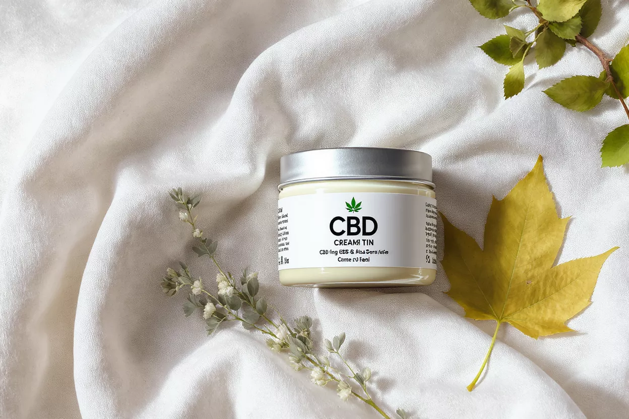 CBD cream tin on white fabric with green leaves and yellow maple leaf.