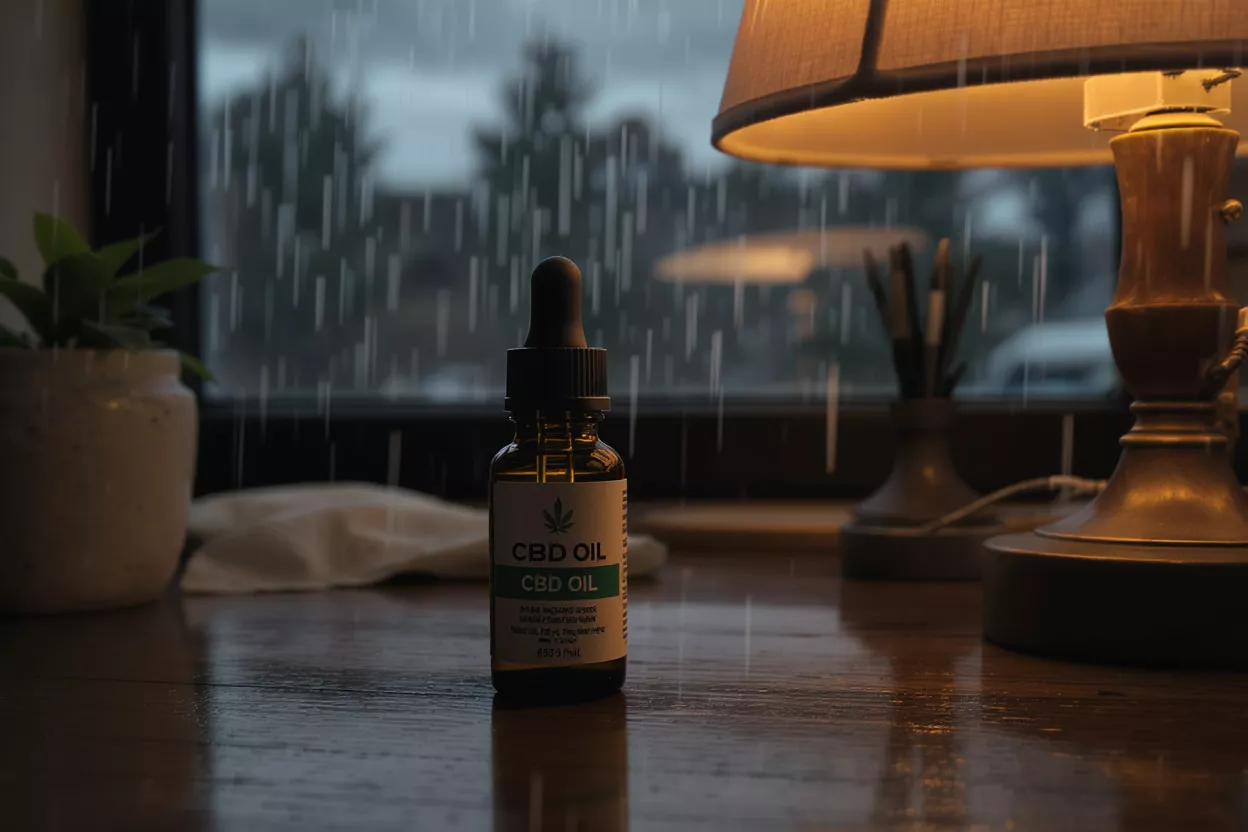 CBD oil bottle on a wooden desk with a rainy window background and lamp.