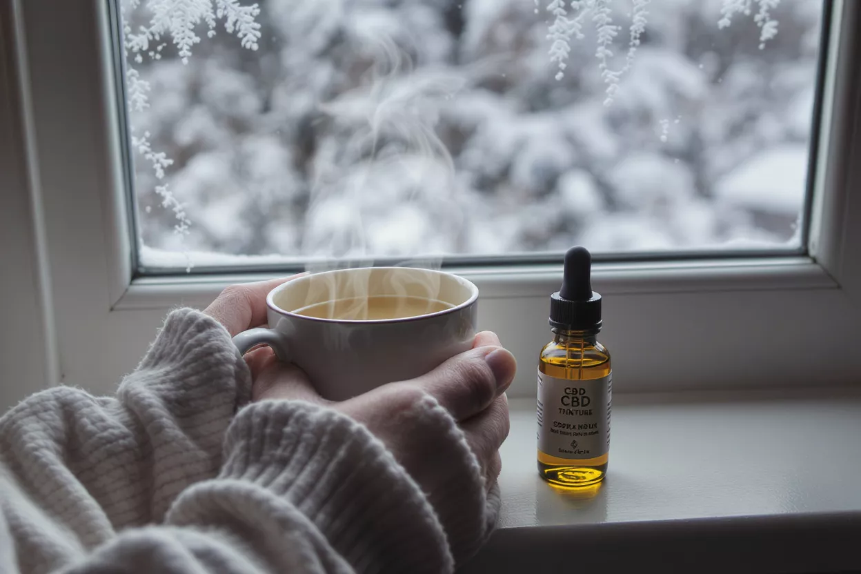 Hands holding a steaming mug next to a CBD tincture bottle on a snowy windowsill.