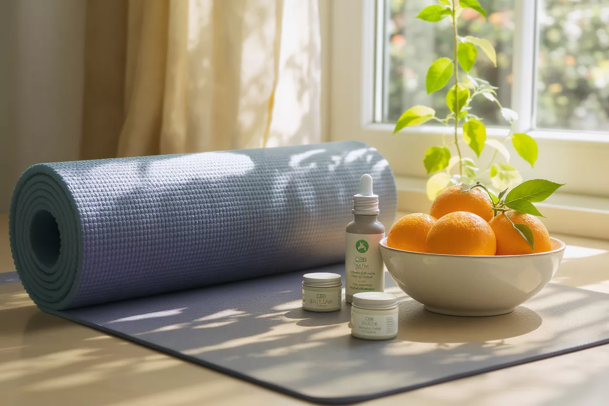 Yoga mat, CBD products, and oranges by a sunny window for wellness.