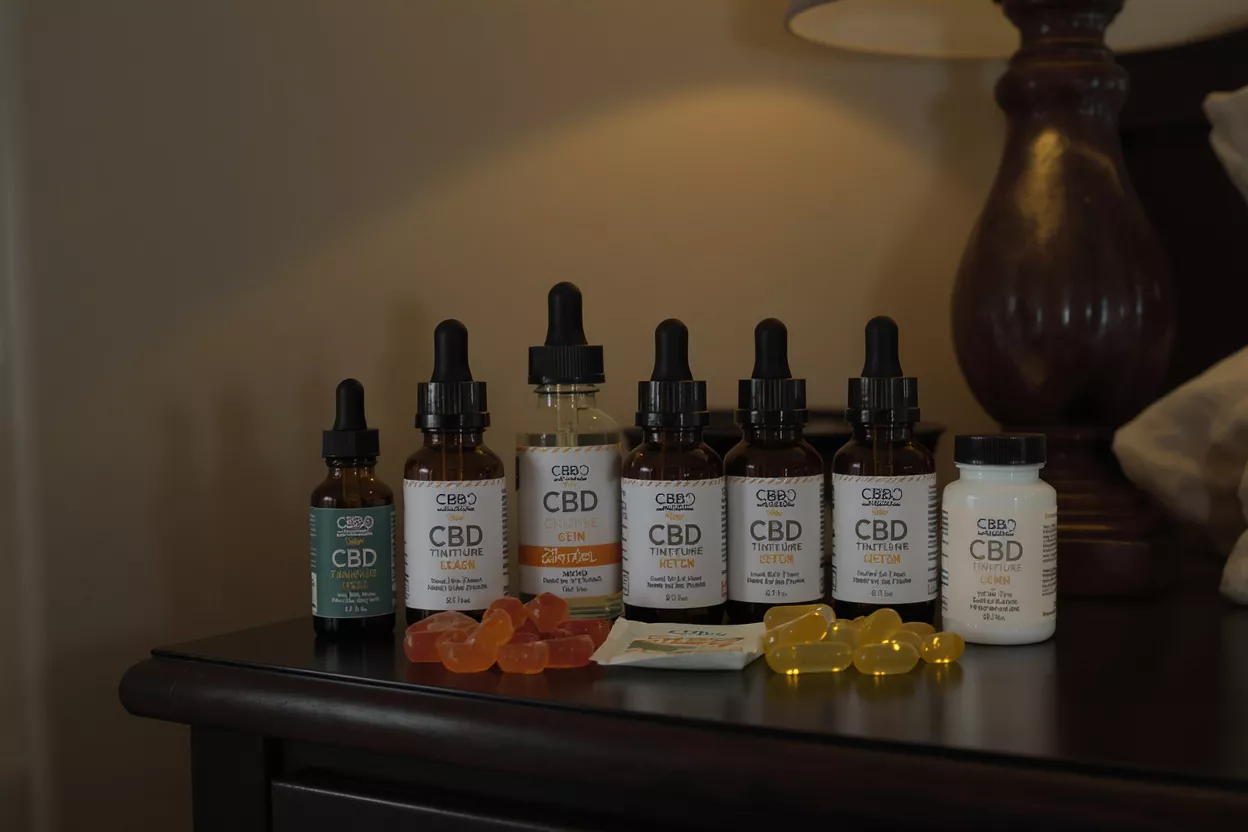 Una colección de tinturas, gomitas y cápsulas blandas de CBD sobre una superficie de madera oscura.