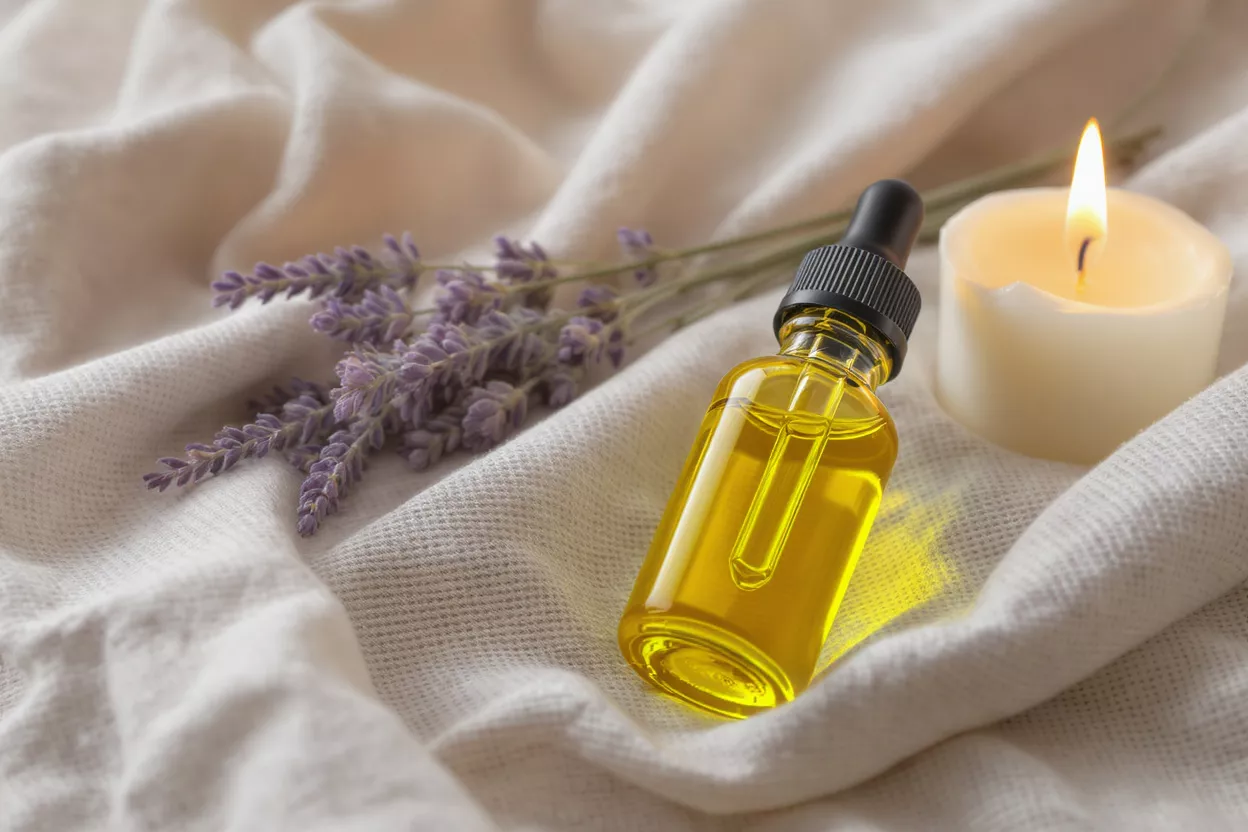 A bottle of yellow essential oil, lavender sprigs, and a lit candle on white fabric.