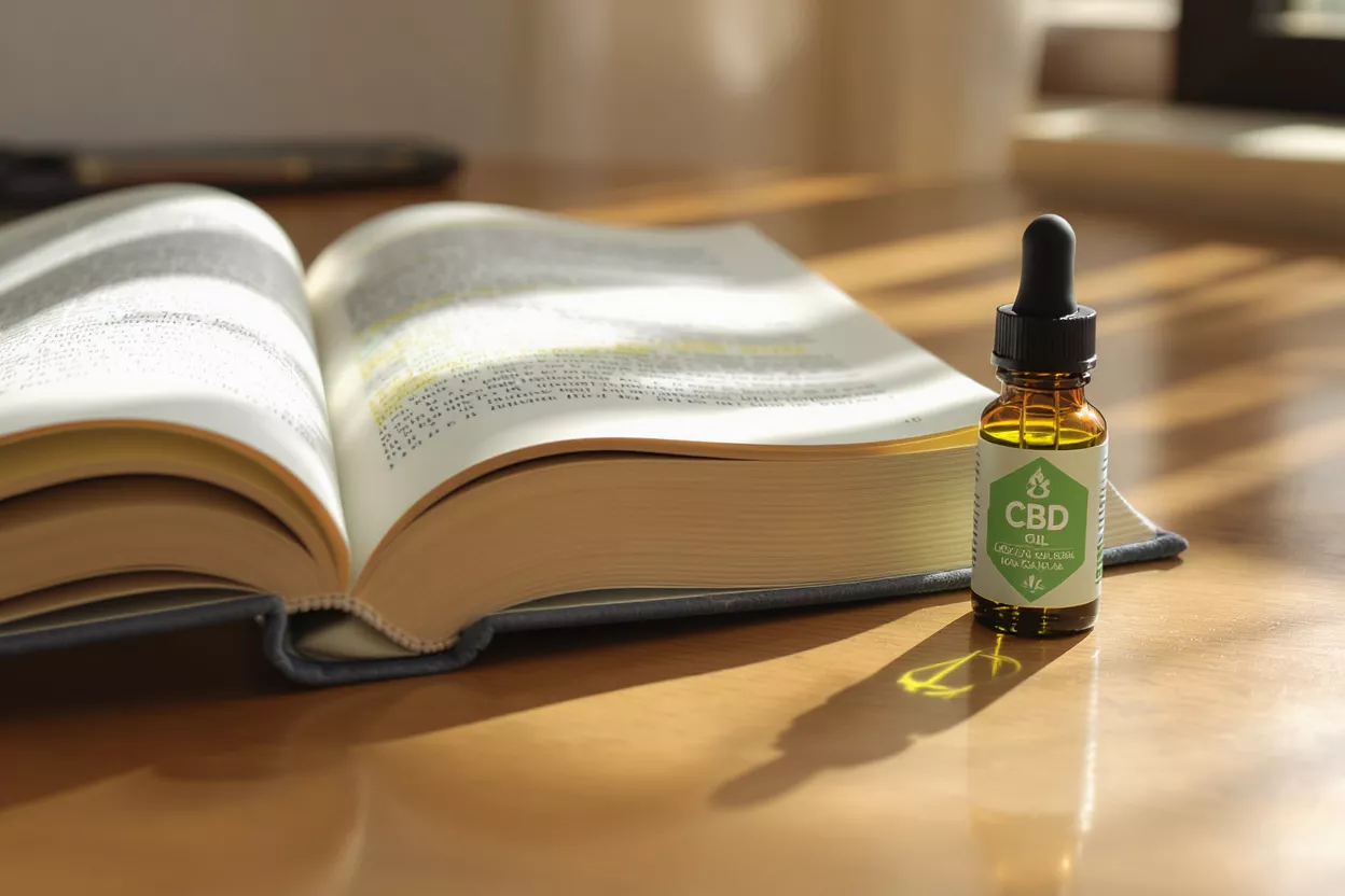 Botella de aceite de CBD junto a un libro abierto sobre una mesa de madera.
