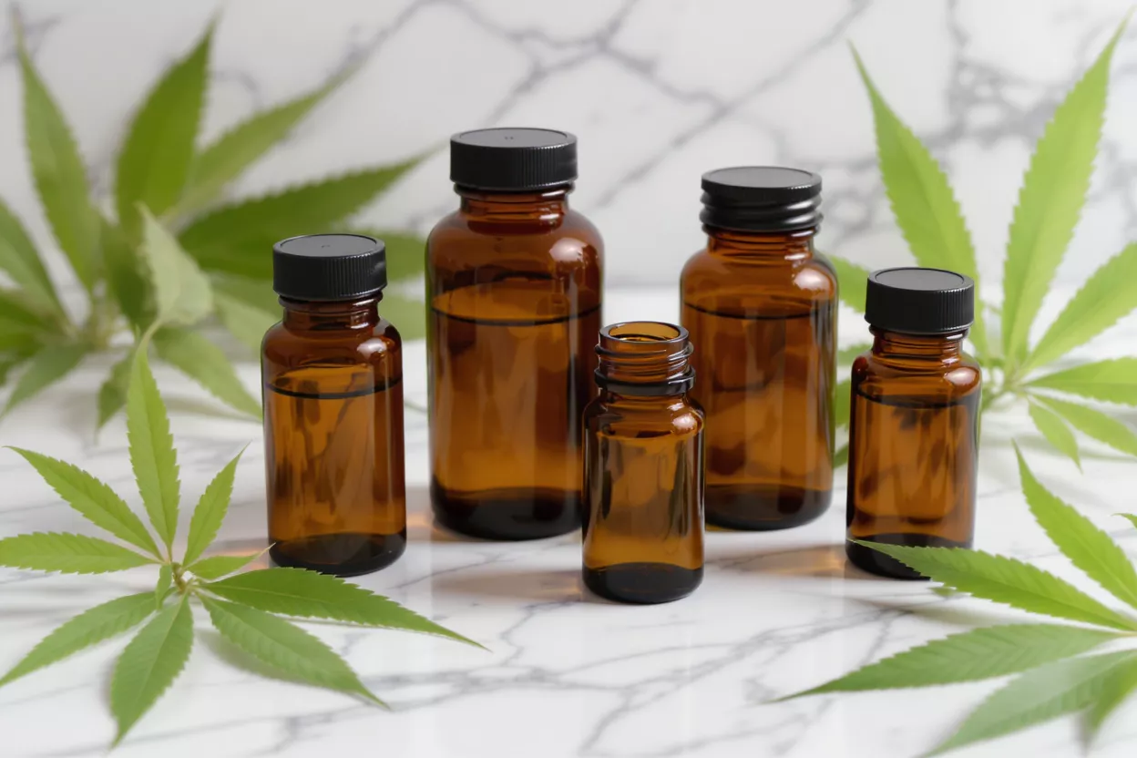 Five amber glass bottles of CBD oil with hemp leaves on a marble surface.