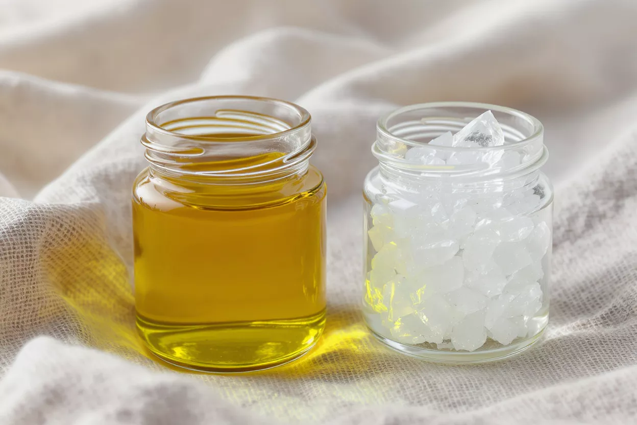 Dos pequeños frascos de vidrio, uno con aceite dorado, el otro con azúcar en rocas blanca.
