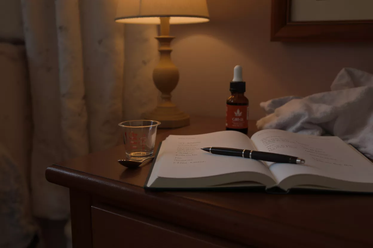 A nightstand with a lamp, CBD oil, a journal, pen, measuring cup, and spoon.