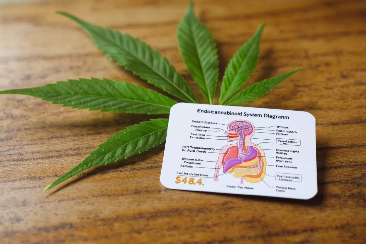 Cannabis and Endocannabinoid System Cannabis leaf next to an endocannabinoid system diagram on a wooden surface.