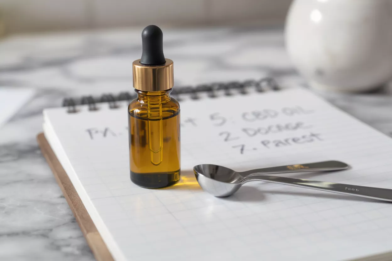 CBD Oil and Measuring Spoons Amber dropper bottle of CBD oil with measuring spoons on a notebook.
