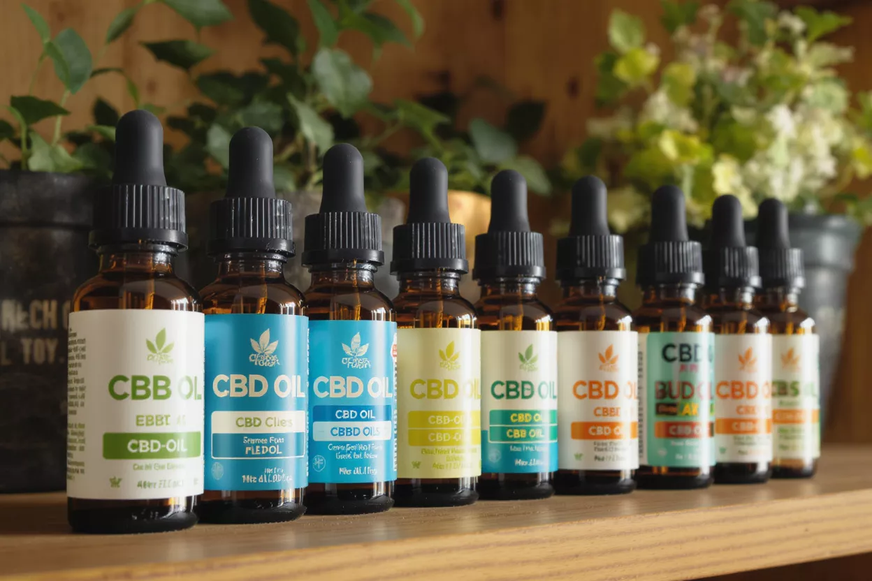 Variety of CBD Oil Bottles A row of amber CBD oil dropper bottles with various colorful labels on a wooden shelf.