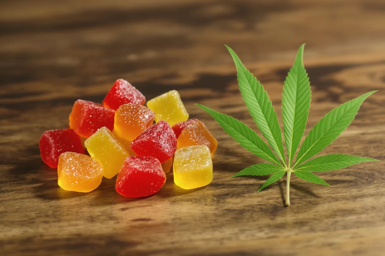 Colorful cannabis gummies and a green leaf on a rustic wooden surface.