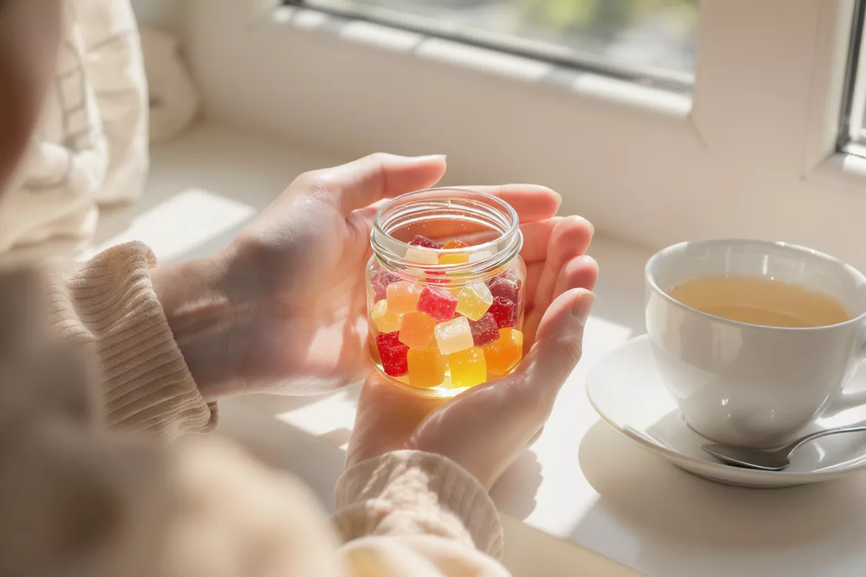 Hands holding a jar of colorful gummies next to a cup of tea by a window.