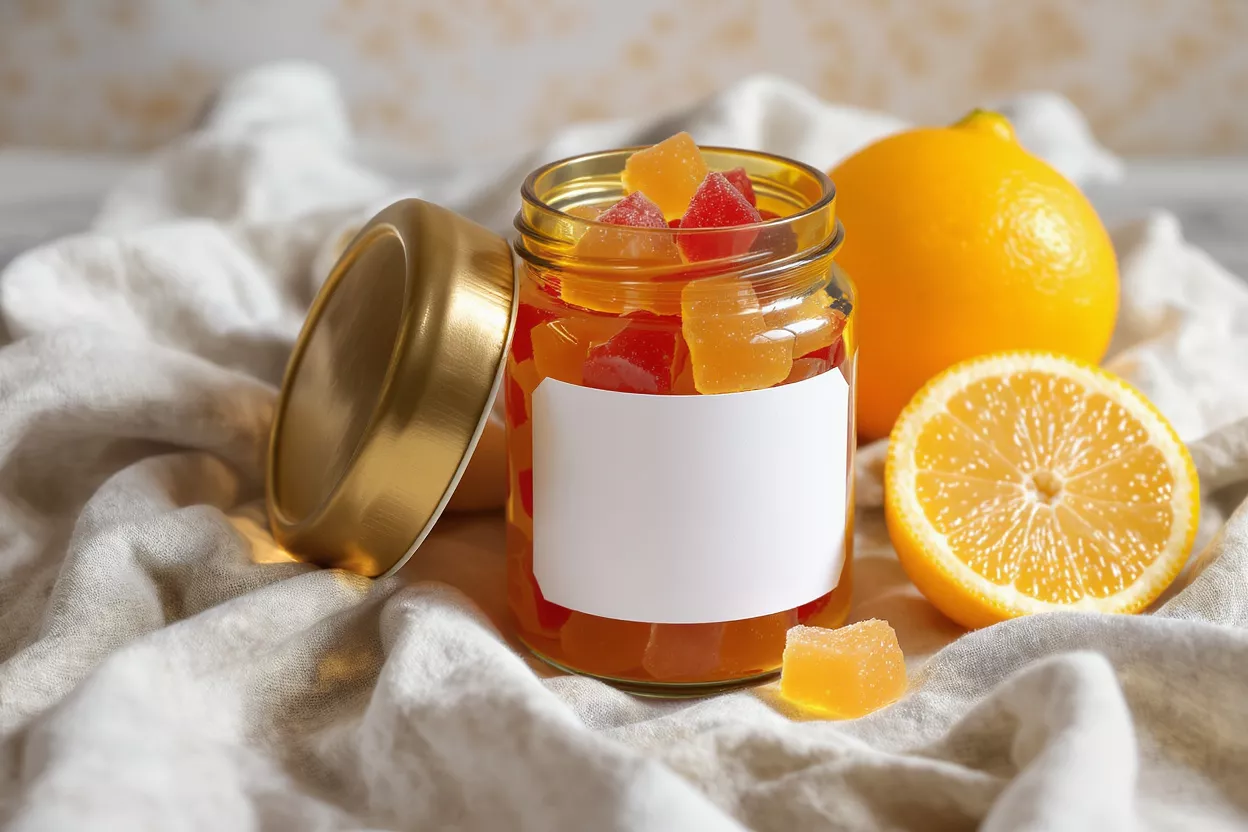Glass jar of colorful fruit jellies with blank label, whole lemon, and half lemon.