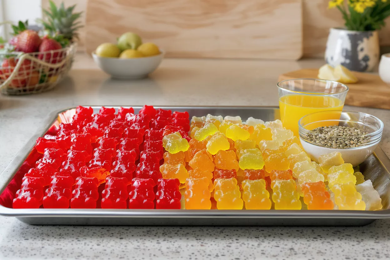 A tray of red, orange, and yellow gummy bears with juice and seeds.