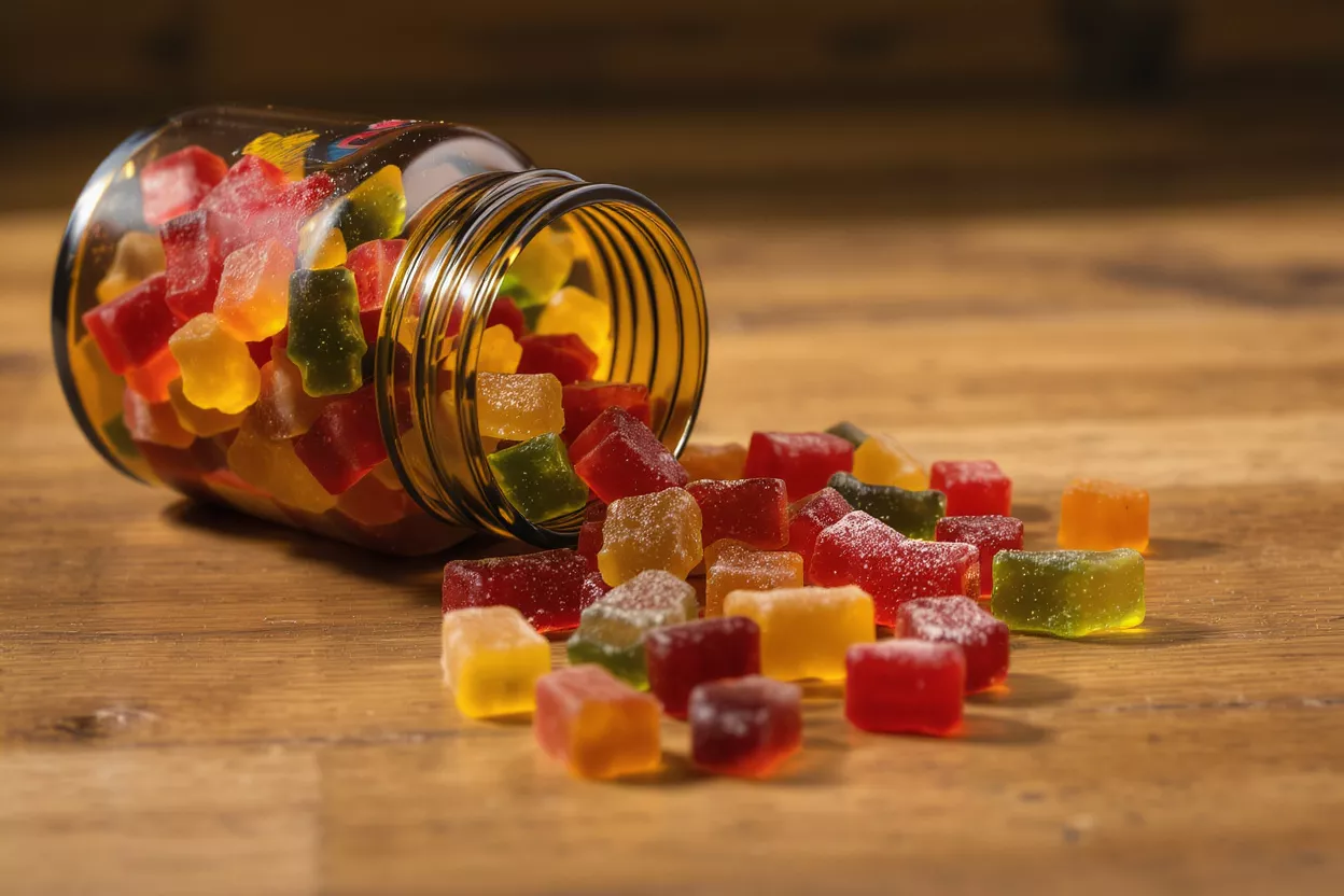 Un frasco de vidrio con ositos de goma coloridos derramados sobre una superficie de madera.