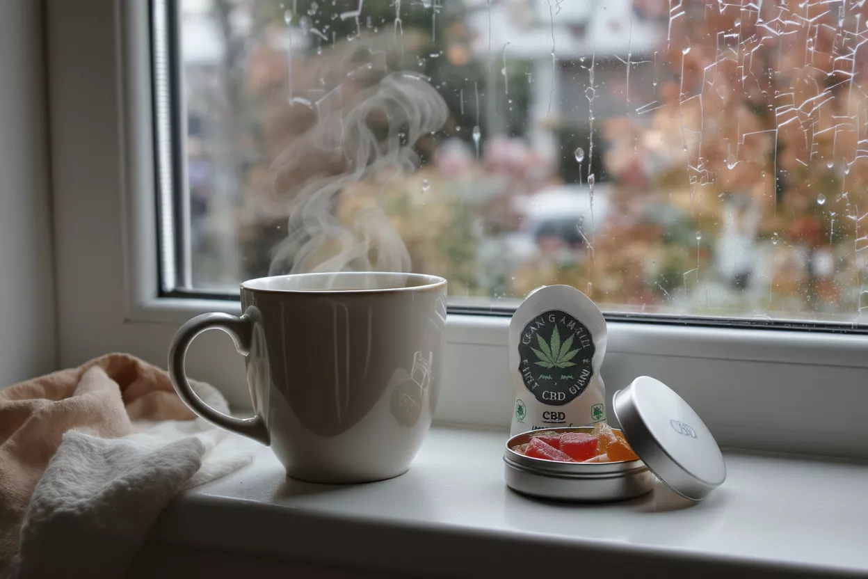 Taza humeante, gominolas de CBD y empaque en un alféizar con un fondo lluvioso.