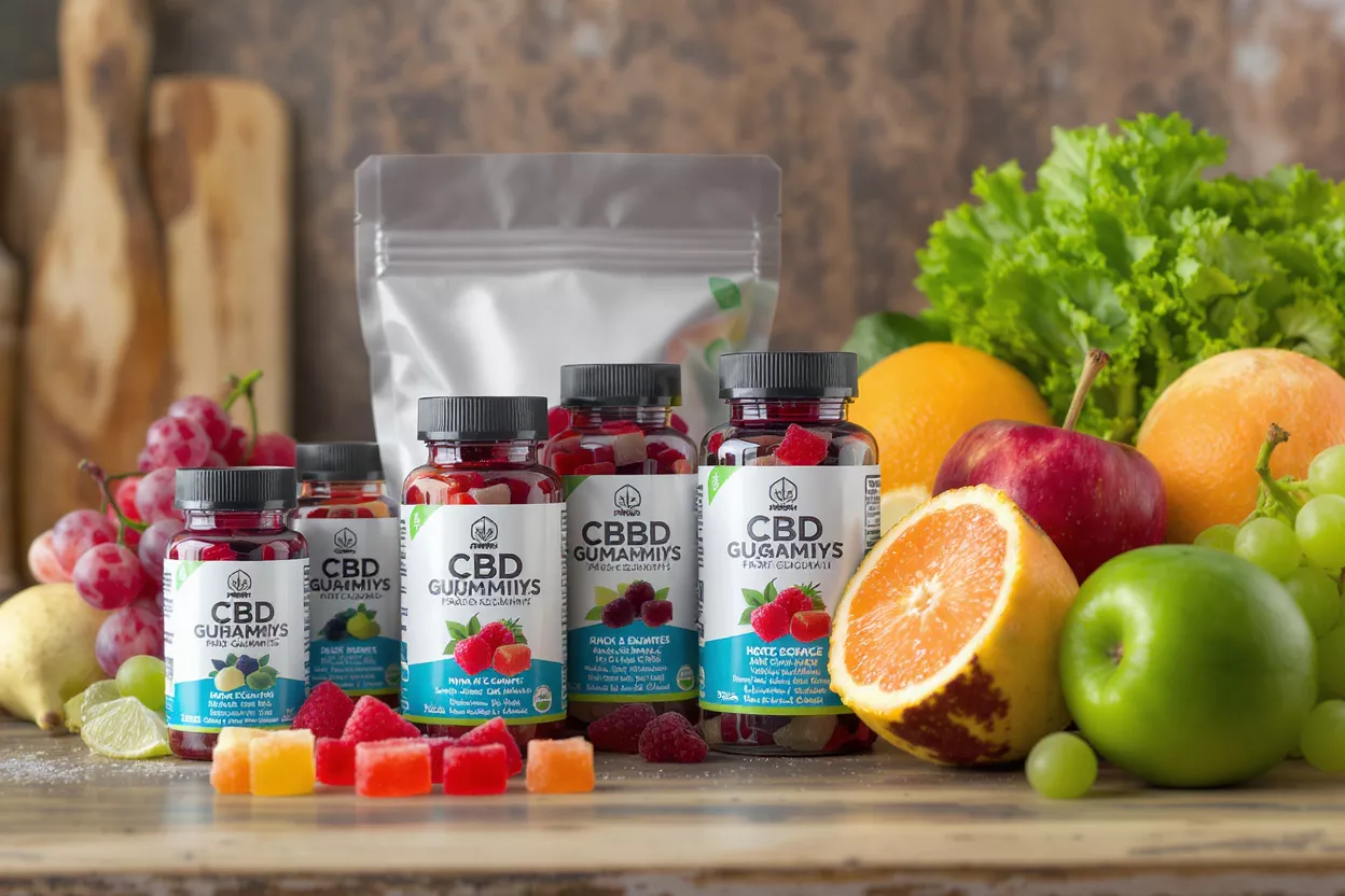 Botellas de gominolas de CBD con varias frutas como uvas, naranjas, manzanas y frambuesas.