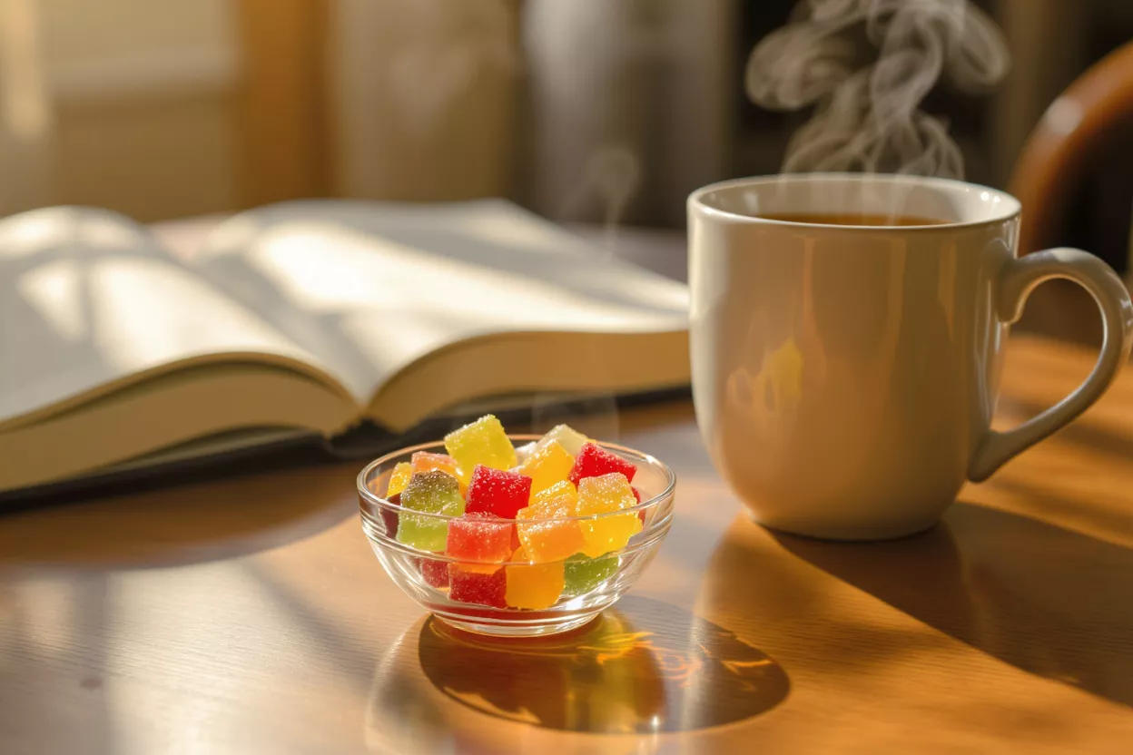 Steaming mug of tea, colorful gummy candies, and an open book on a wooden table.