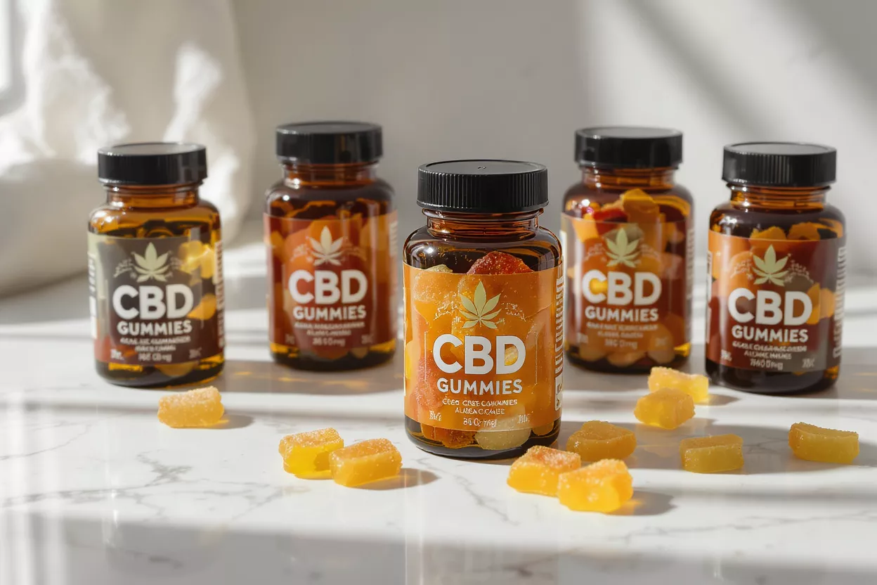 Five amber bottles of CBD gummies with loose yellow gummies on a marble surface.