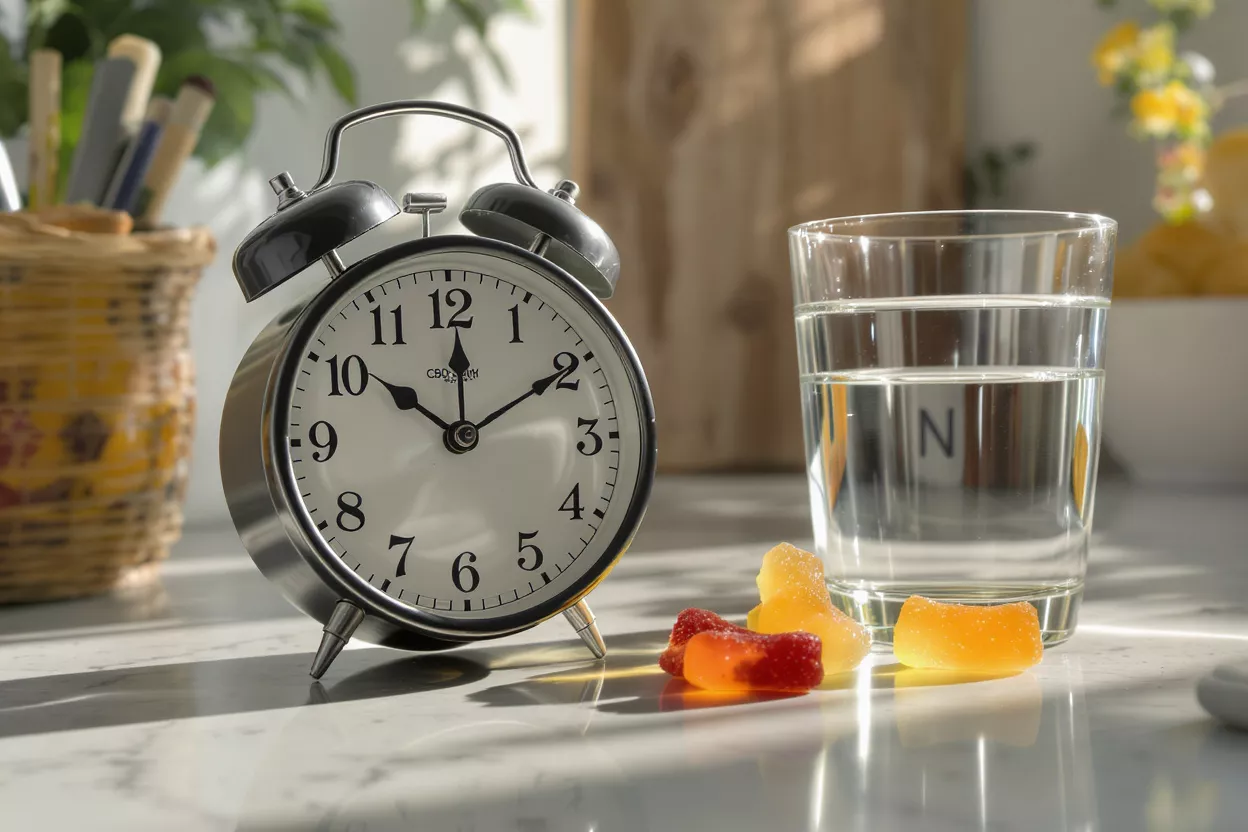 An alarm clock, glass of water, and colorful gummies on a sunlit counter.