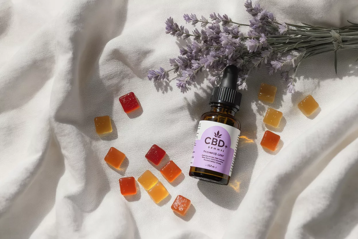 CBD oil bottle, colorful gummies, and lavender on white fabric.