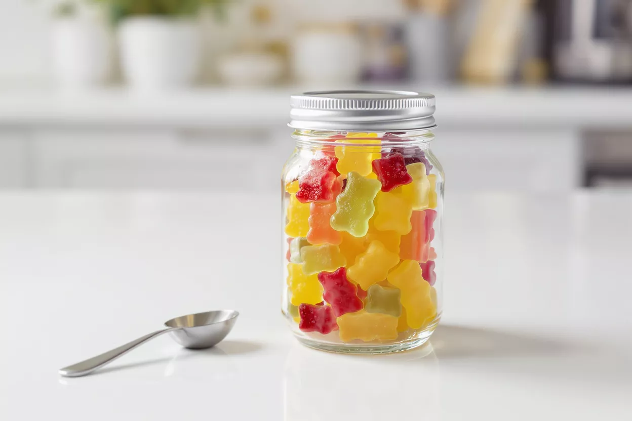 A glass jar filled with colorful gummy bears and a spoon on a white counter.