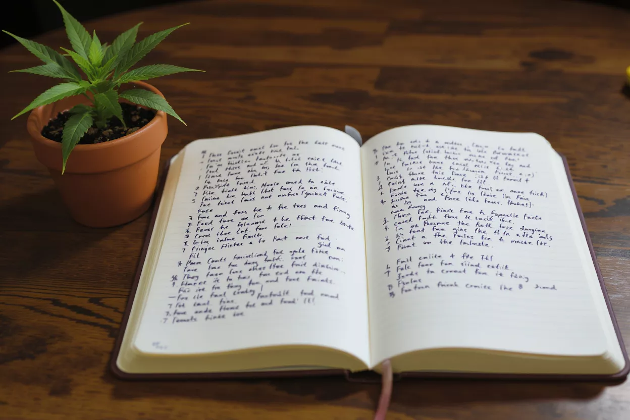 Small cannabis plant in pot next to an open notebook with handwritten notes.