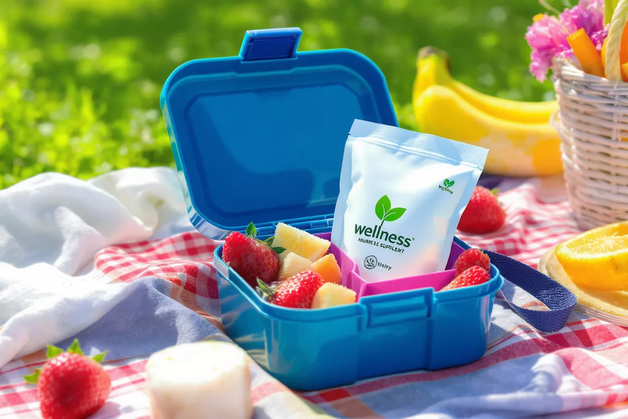 Wellness supplement packet in a blue lunchbox with fruit on a picnic blanket.
