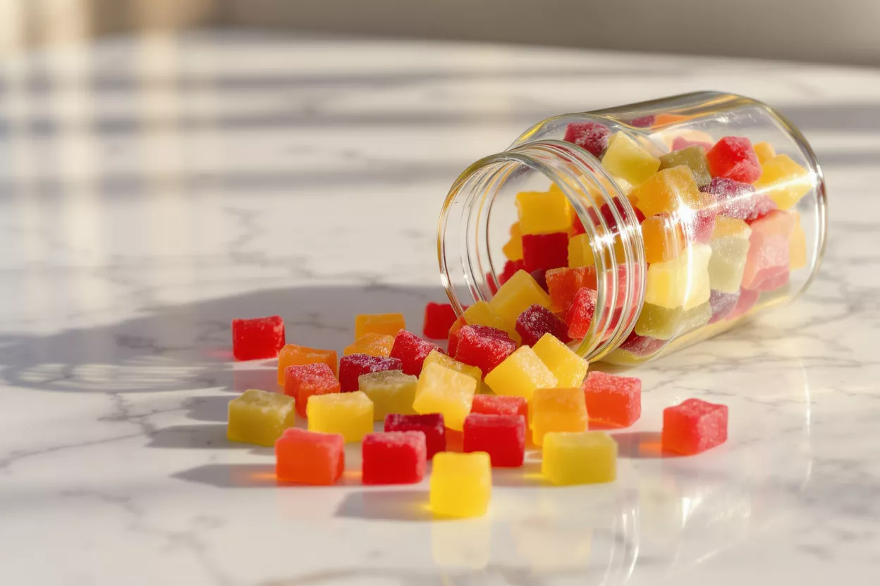 Bonbons gélifiés colorés renversés d'un bocal Bonbons gélifiés carrés colorés renversés d'un bocal en verre sur une surface en marbre.