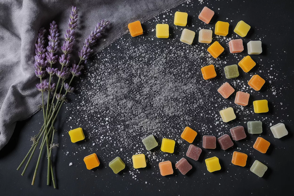 Bonbons au Lavande et Sucre Bonbons carrés colorés éparpillés sur une surface sombre avec de la lavande et du sucre.