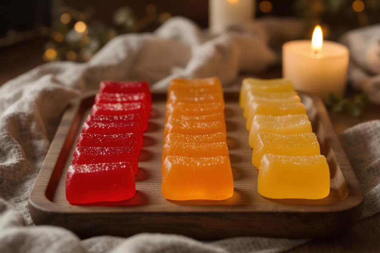 Bonbons gélifiés colorés à la lueur des bougies Trois rangées de bonbons gélifiés rouges, oranges et jaunes sur un plateau en bois.