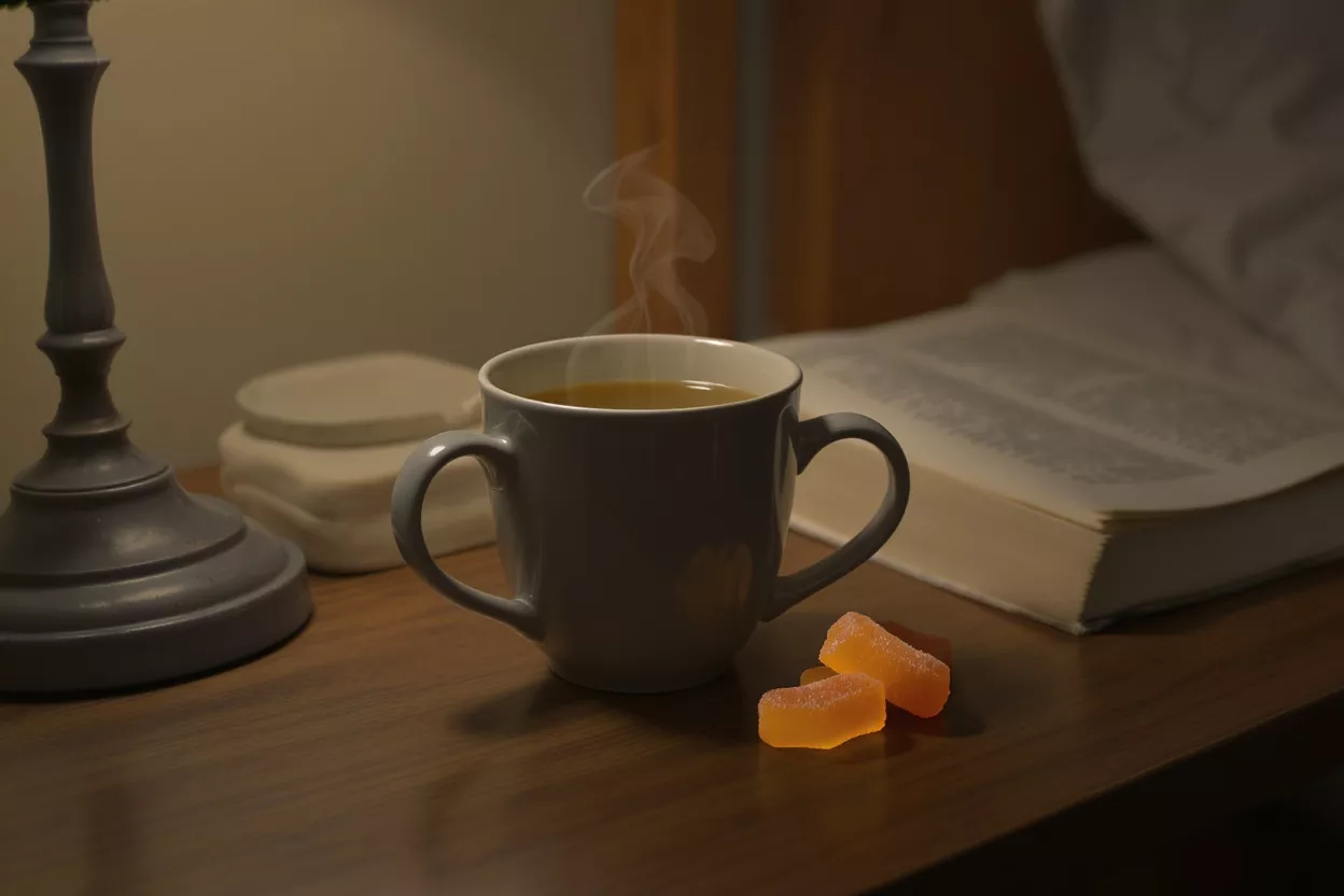 Mug fumant et bonbons gélifiés Mug fumant, deux bonbons gélifiés orange et un livre ouvert sur une table de chevet.