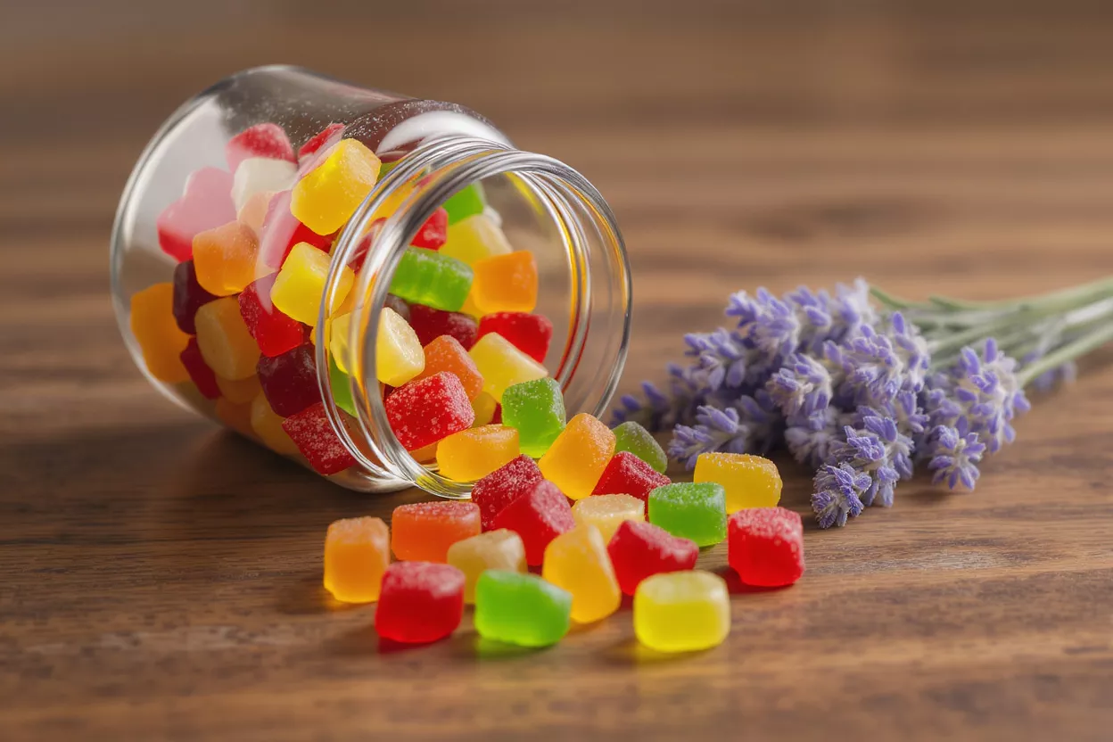 A small glass bowl filled with colorful gummy bears on a wooden table.
