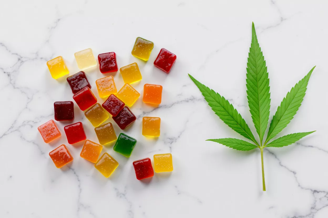 Bonbons au CBD, huile et feuille de chanvre sur une surface en bois avec du sucre en poudre.
