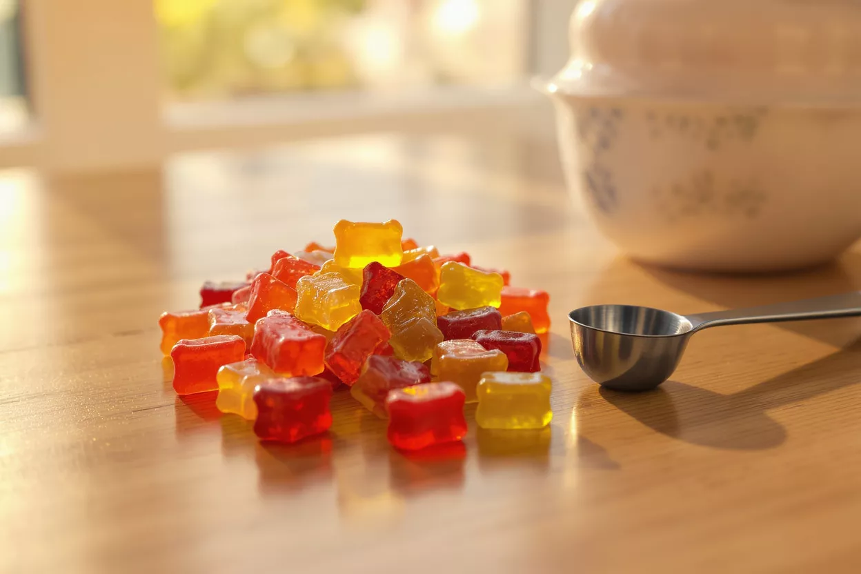 A glass jar spilling colorful square gummy candies onto a wooden surface.