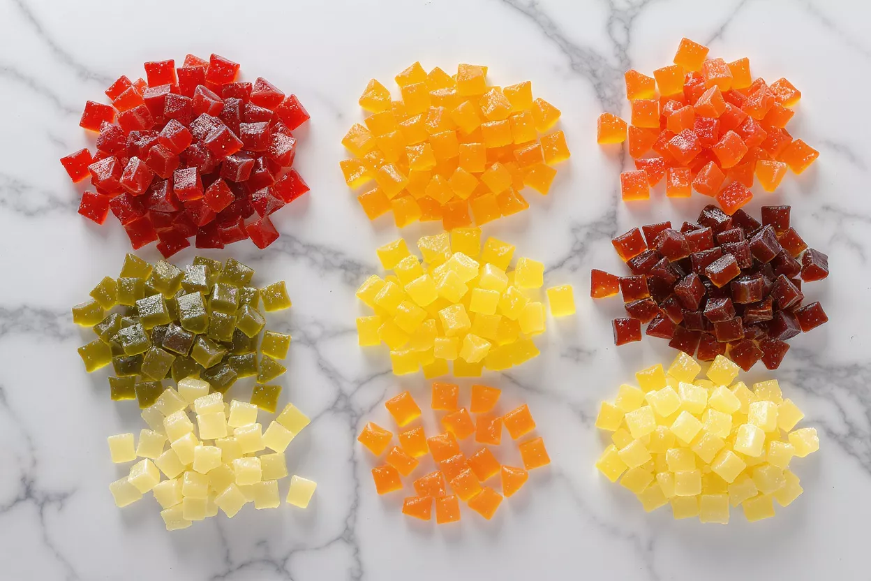 Hands holding green and yellow gummy candies, with a cup of coffee nearby.