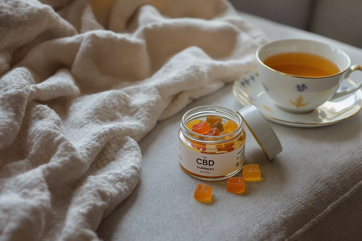 Steaming mug of tea and bowl of colorful jelly candies on a sunlit windowsill.