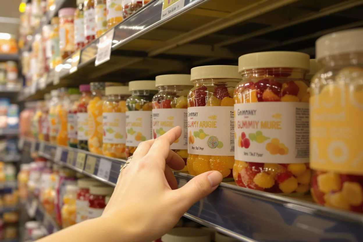 Hands holding a warm mug next to a jar of colorful gummies on a couch.