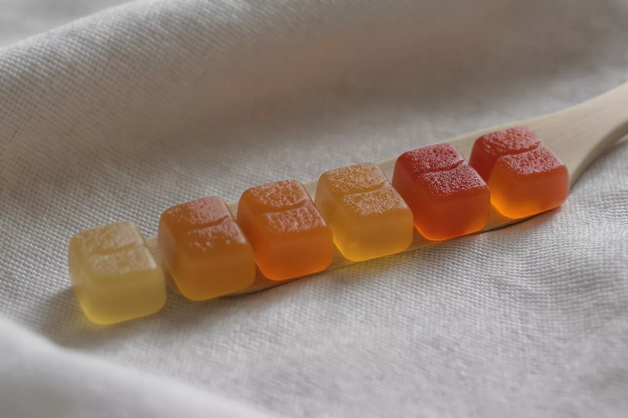 Flacons d'huile de CBD, gommes colorées et boissons à thème cannabis sur marbre.