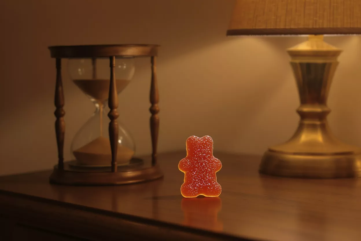 Clear plastic organizer filled with colorful gummy candies on a sunlit windowsill.