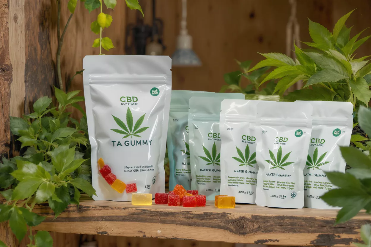 Plusieurs sachets de gummies CBD blancs et vert clair avec des gummies colorés sur une étagère en bois.