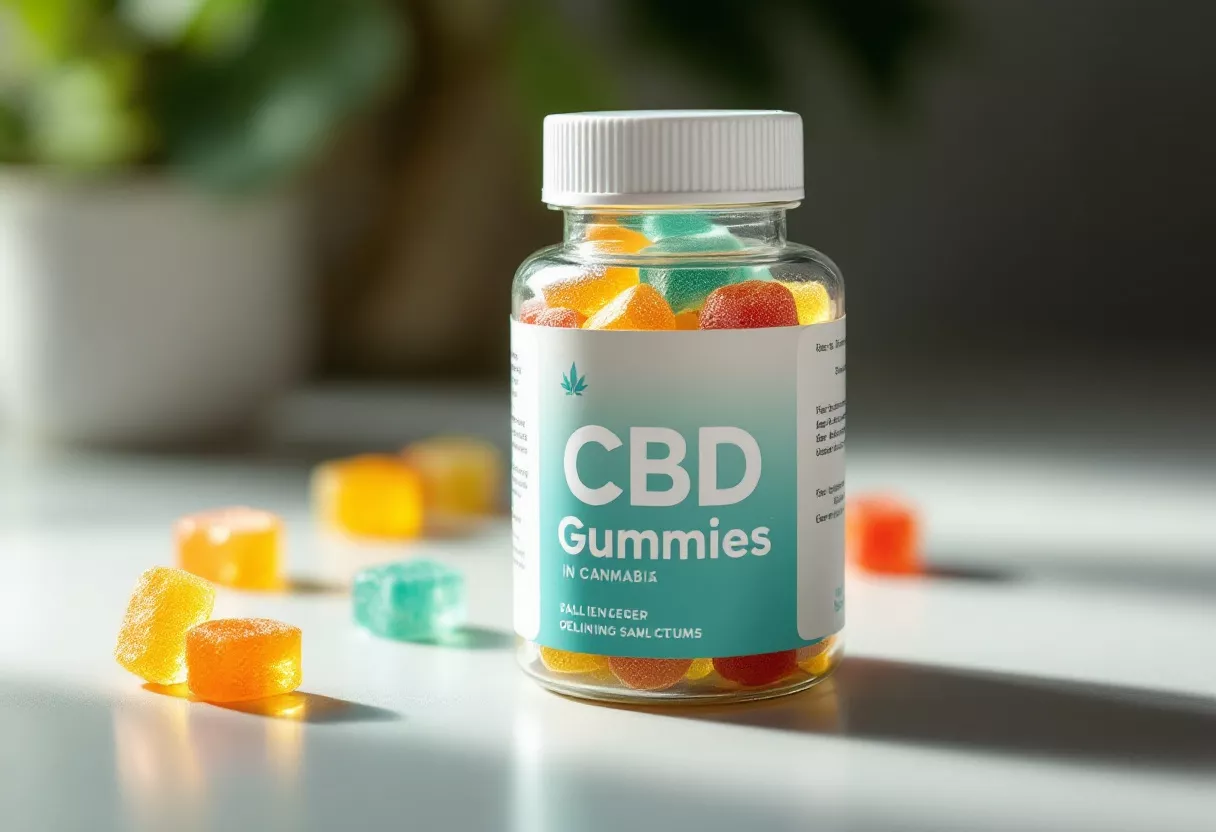 Bottle of CBD gummies with colorful candies