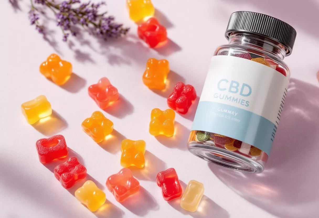A jar of CBD gummies surrounded by colorful gummy shapes
