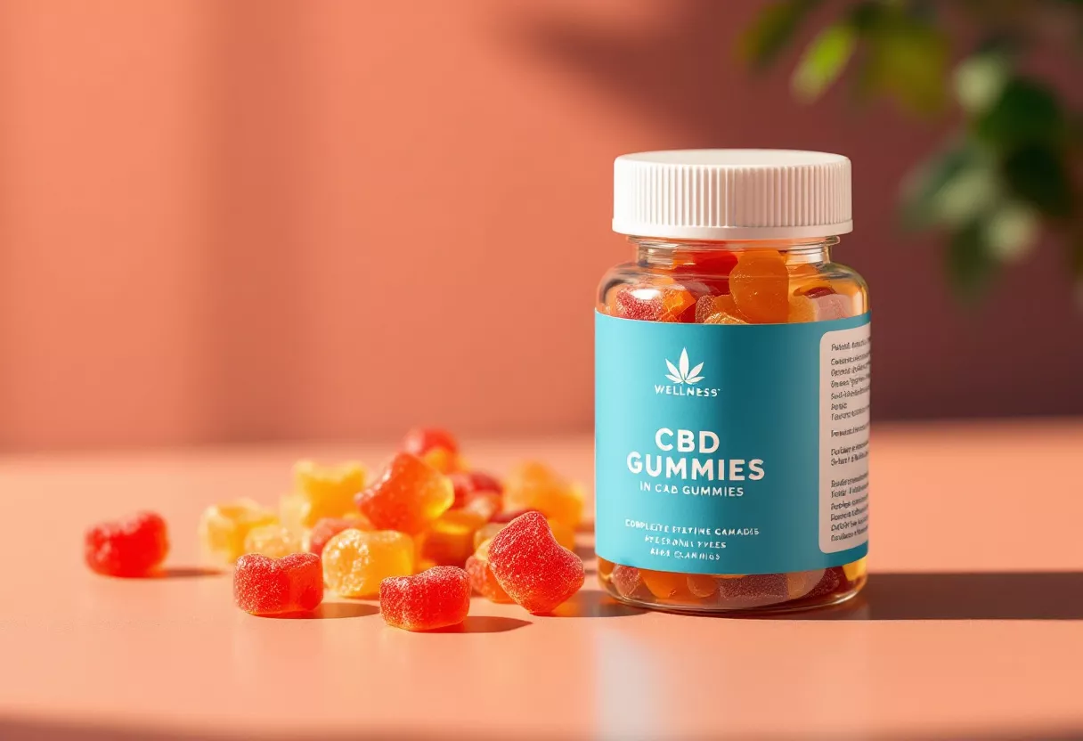 Bottle of CBD gummies with colorful candies