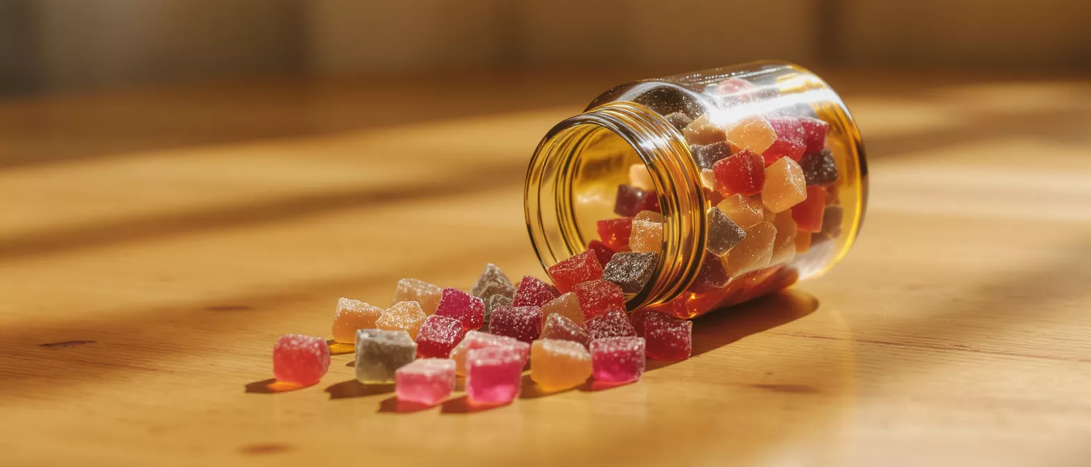 Amber jar of colorful, sugar-dusted gummies spilled on a wooden surface.