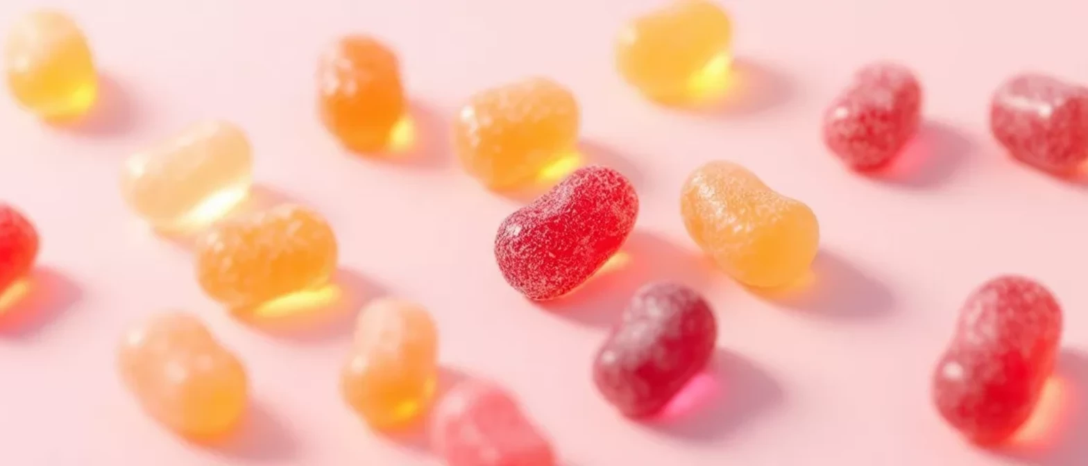 Assorted gummy candies on a pink background