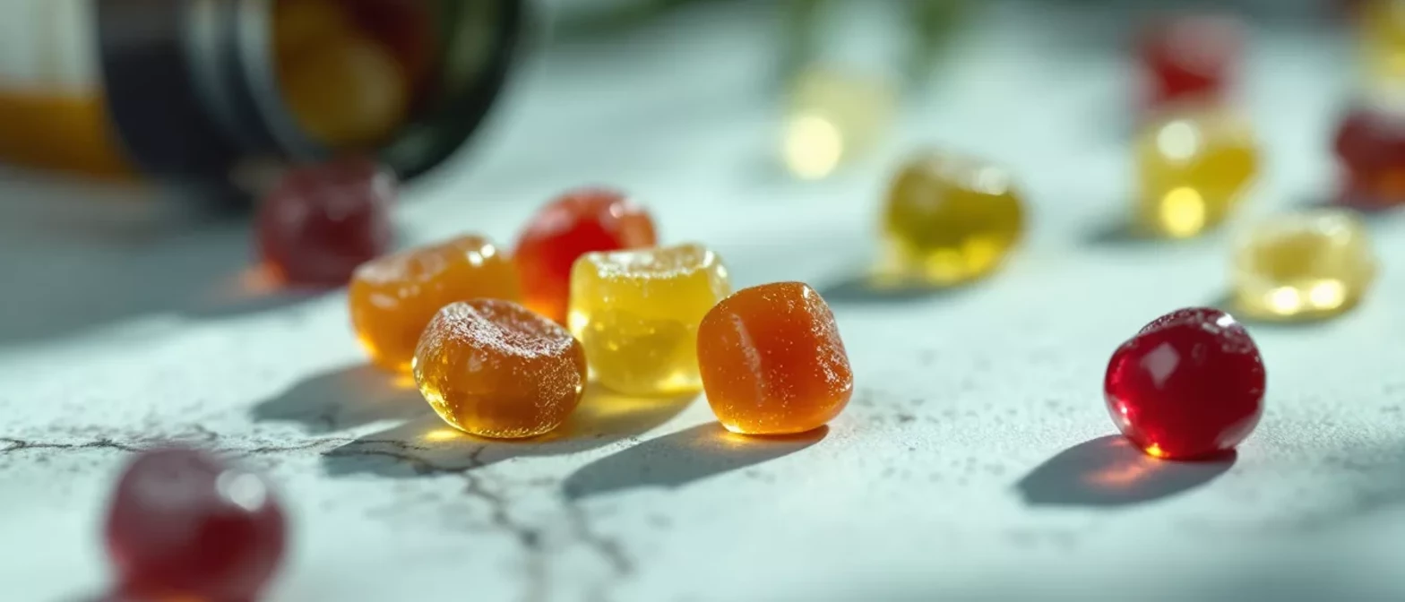 Variedad de vitaminas gomita esparcidas sobre una mesa