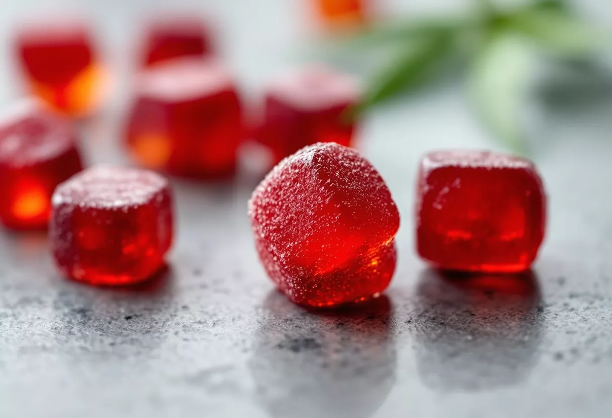 Close-up of red gummy candies on a gray surface