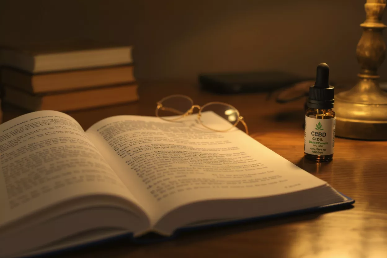 CBD oil bottle next to an open book and reading glasses on a wooden desk.